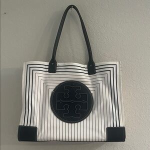 Tory Burch Ella Black and White Box Striped Tote